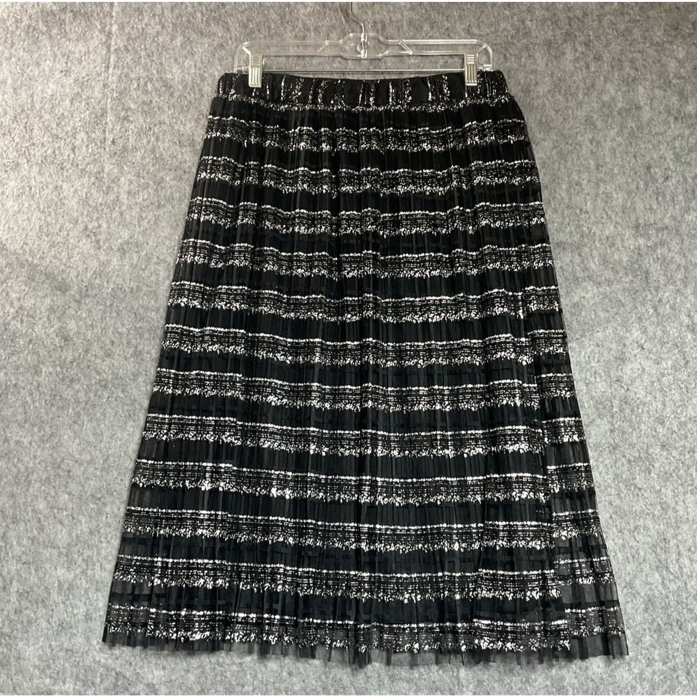 Metro Wear Skirt Womens L Black Silver Striped Pleated Midi Elastic Waist Goth